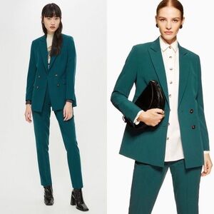 Topshop forest green pant suit set blazer double breasted career professional 2